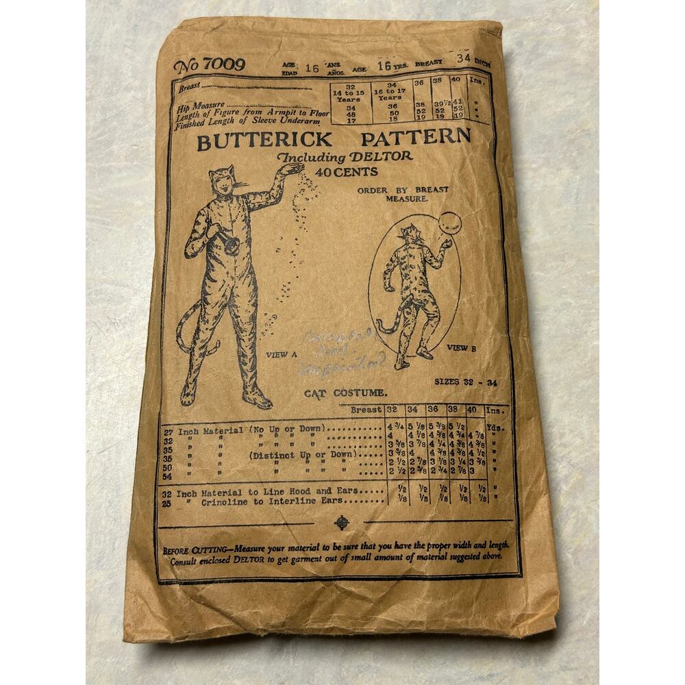 Antique 20's-30's Butterick Pattern #7009 Cat Costume Size 16 Years Bust 34" HTF